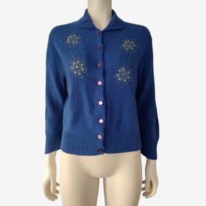 Vintage 1950s Blue Embroidered Orlon Acrylic Textured Knit Sweater Size S
